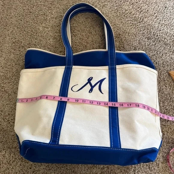L.L. Bean Boat & Tote Bag USA Canvas Blue Zip Top Embroidered M - Picture 11 of 12